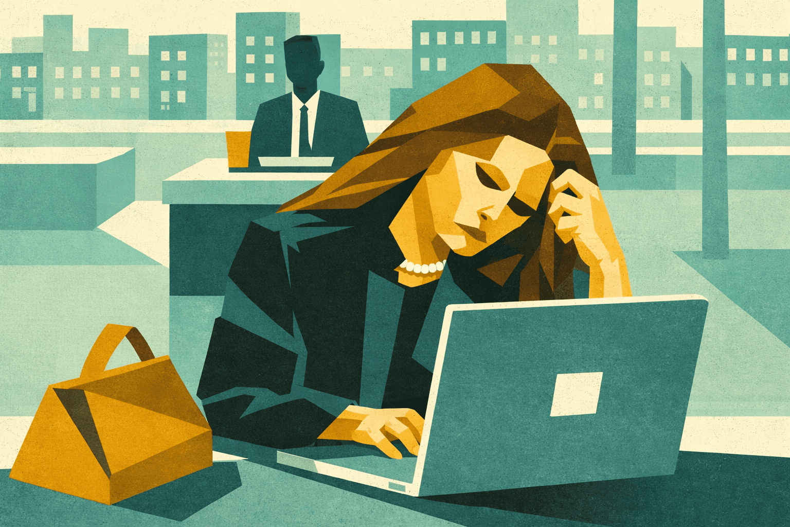 Manager affaticato lavora al computer in open space, sensazione di sovraccarico e perdita di motivazione nel contesto professionale.