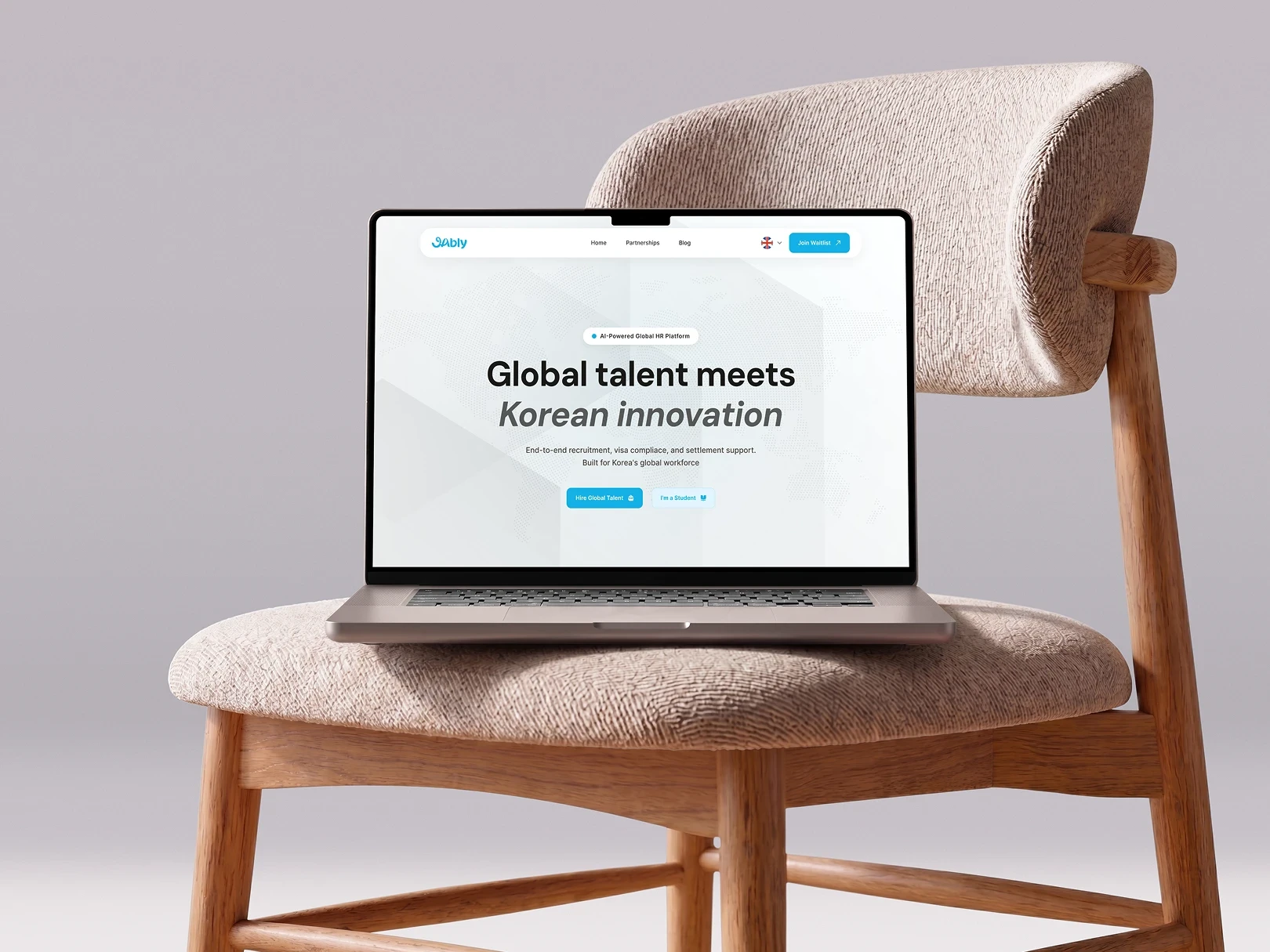 Jably global HR platform website redesign on MacBook — B2B landing page UI/UX design for Korean AI hiring platform, 2026