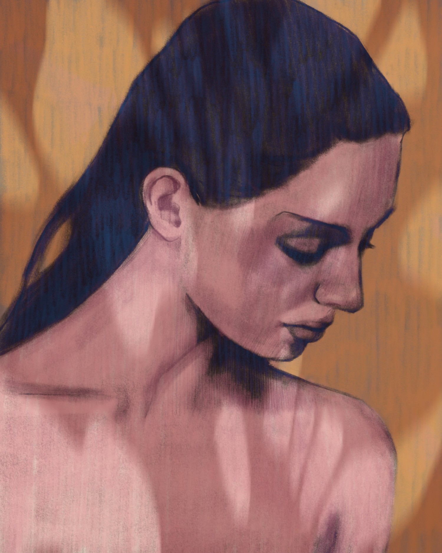 Dark-haired woman looking down, her bare shoulders dappled with leafy shadows, on an ochre background — "Illustration 01" by Katarzyna Księżopolska