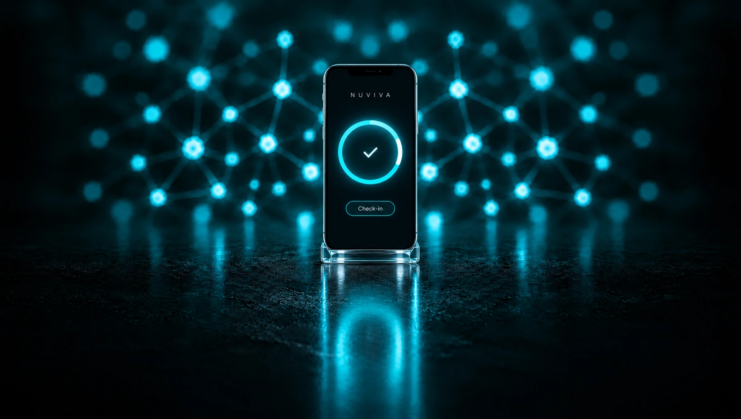 Smartphone showing a check mark against a glowing teal network background