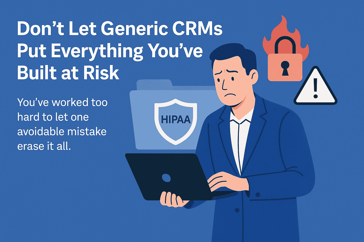 Illustration of a concerned professional using a laptop, with icons representing HIPAA compliance, a red padlock symbolizing a data breach, and a warning triangle. Text reads: 'Don’t let generic CRMs put everything you’ve built at risk. You’ve worked too hard to let one avoidable mistake erase it all.