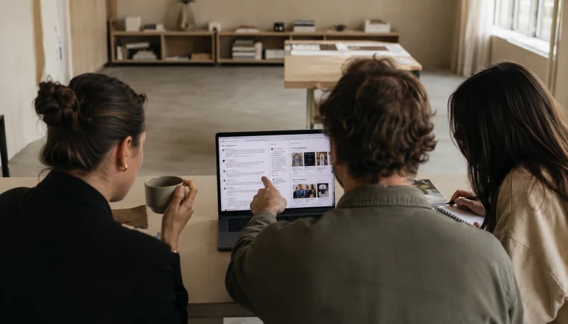 Drie teamleden bekijken samen een laptop met projectinformatie in een modern kantoor