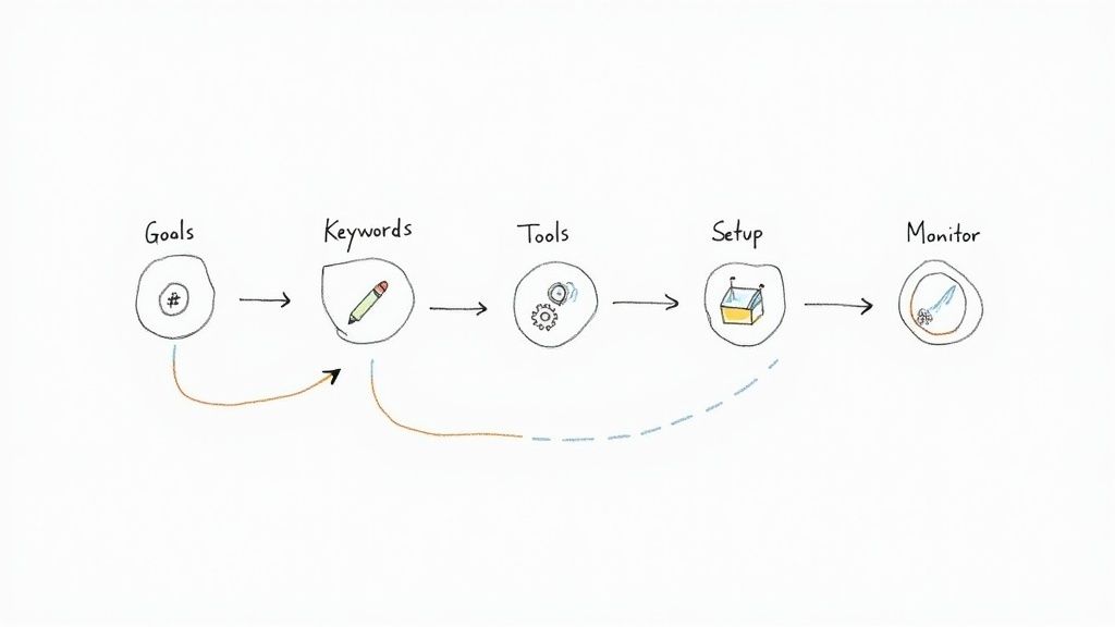 A hand-drawn flowchart illustrating a five-step process: Goals, Keywords, Tools, Setup, and Monitor, with feedback loops.