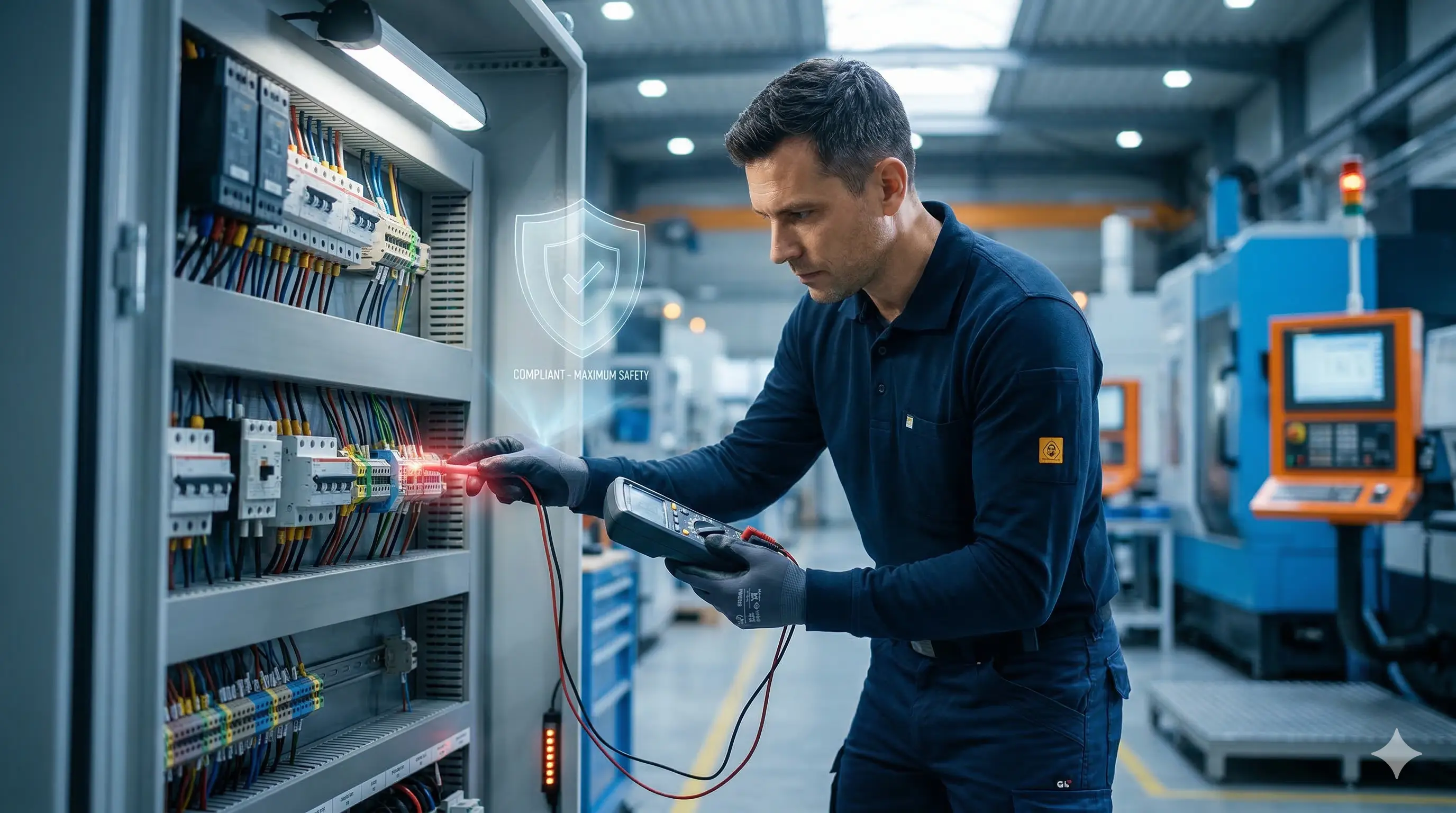 Normgerechte DGUV V3 Prüfung an einem modernen Industrieschaltschrank: Messung der Betriebsmittel im Team der Bittermann Elektrotechnik GmbH zur Sicherstellung von Compliance und maximaler Sicherheit.