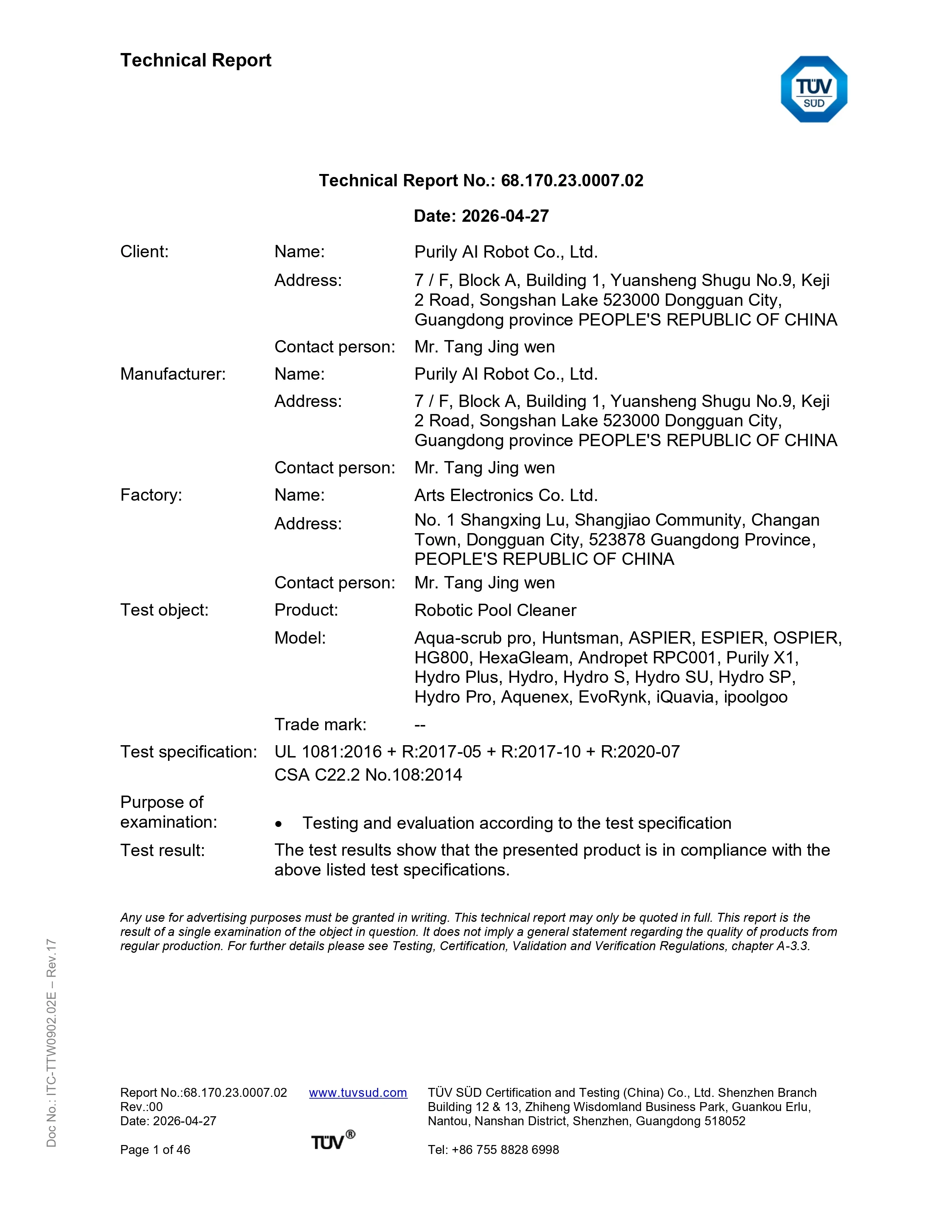 UL & CSA Safety Technical Report for Purily Robotic Pool Cleaners