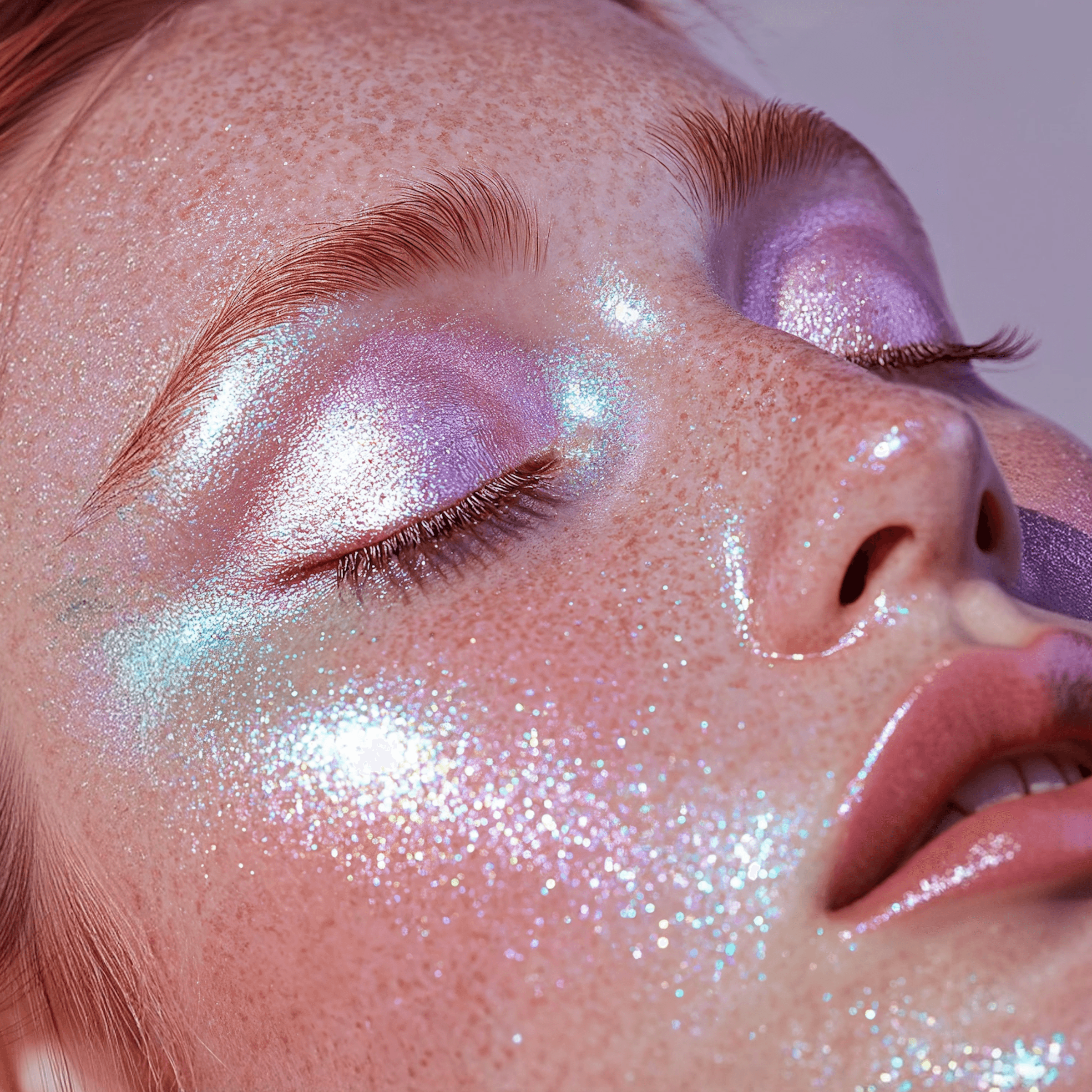 Close-up of a person’s face with shimmering makeup, showcasing iridescent highlights and soft features.