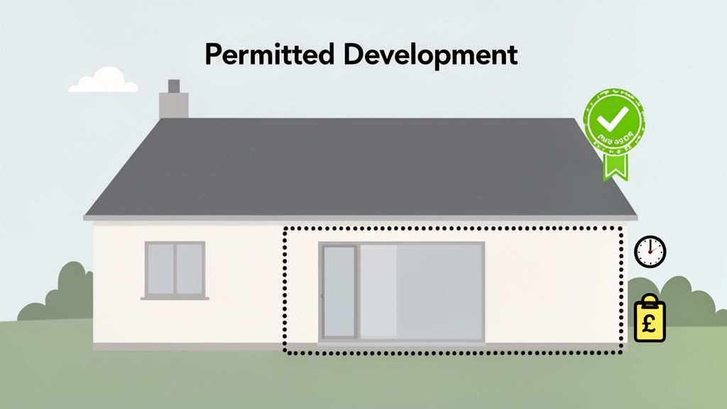 Illustration of a house with a permitted development extension, showing a green checkmark, clock, and cost padlock.