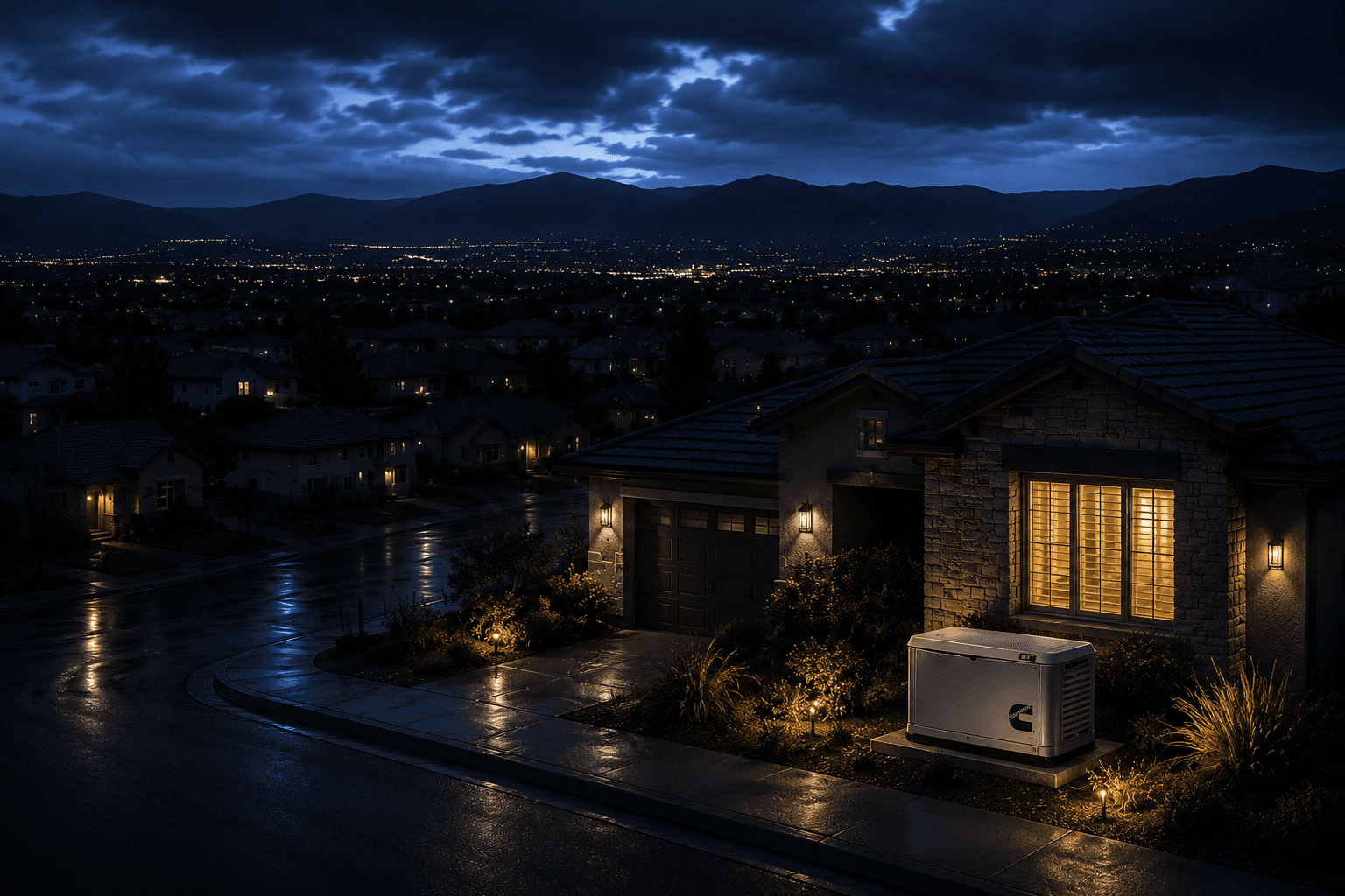a well-lit home on the beach with a lightning strike in the background