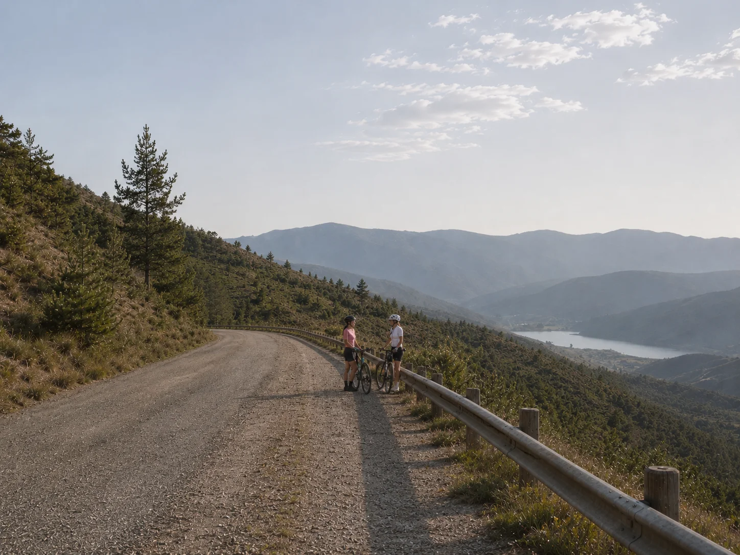 two women cyclist resting on a gravel road