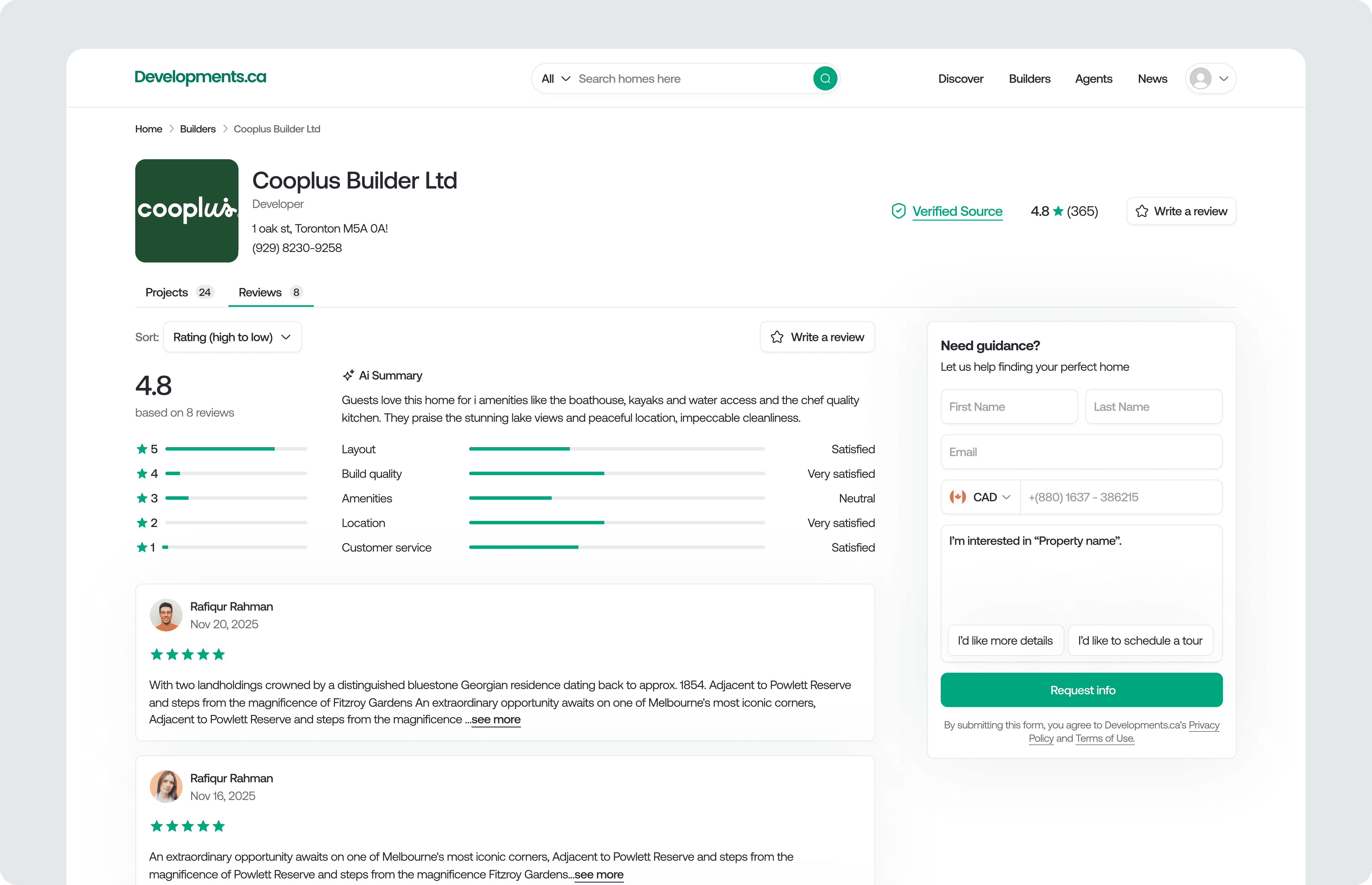 Builder profile page displaying verified developer information, project count, AI-generated summary, user ratings breakdown, and customer reviews.