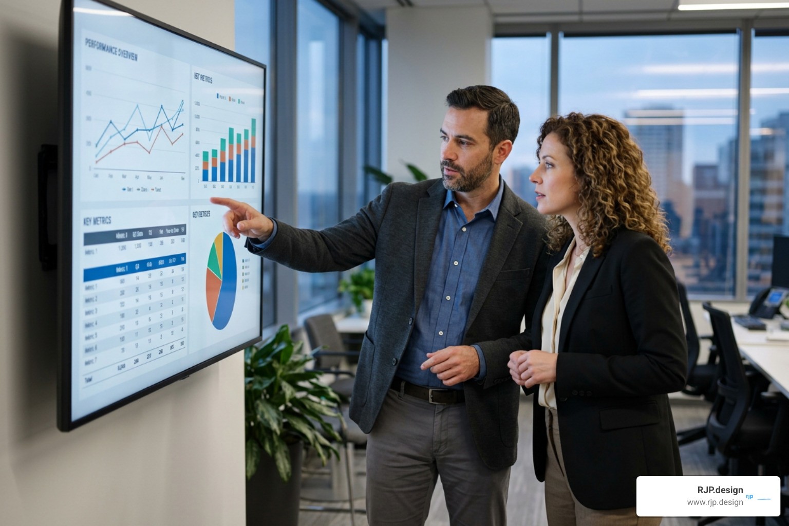 business owners reviewing agency reporting dashboard metrics and key performance indicators