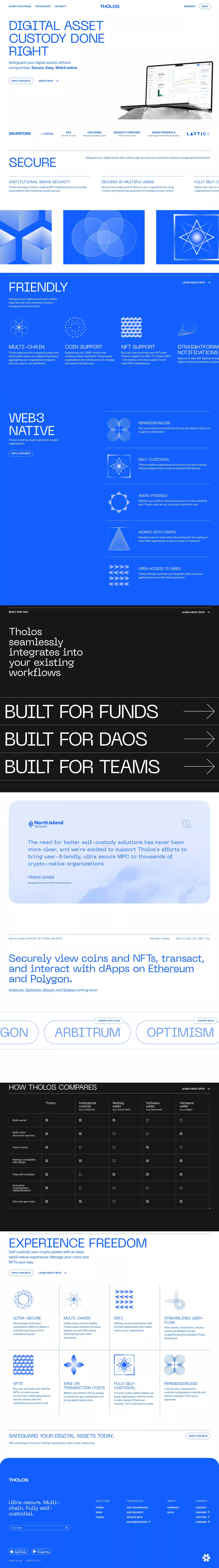Tholos MPC Crypto Wallet: Friendly & Sec landing page screenshot showcasing Tech and Finance design