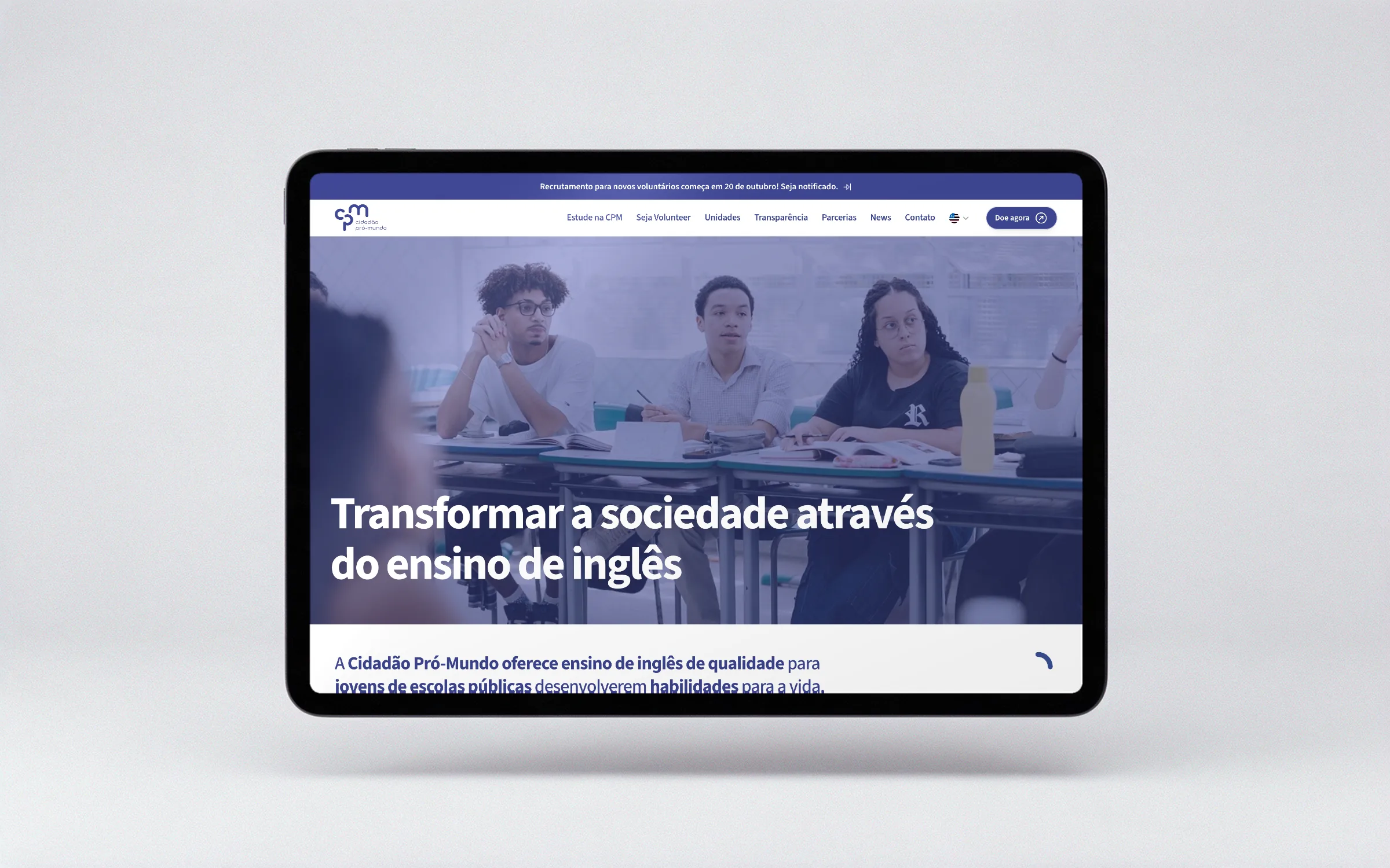 Página inicial do site do Cidadão Pró-Mundo num tablet