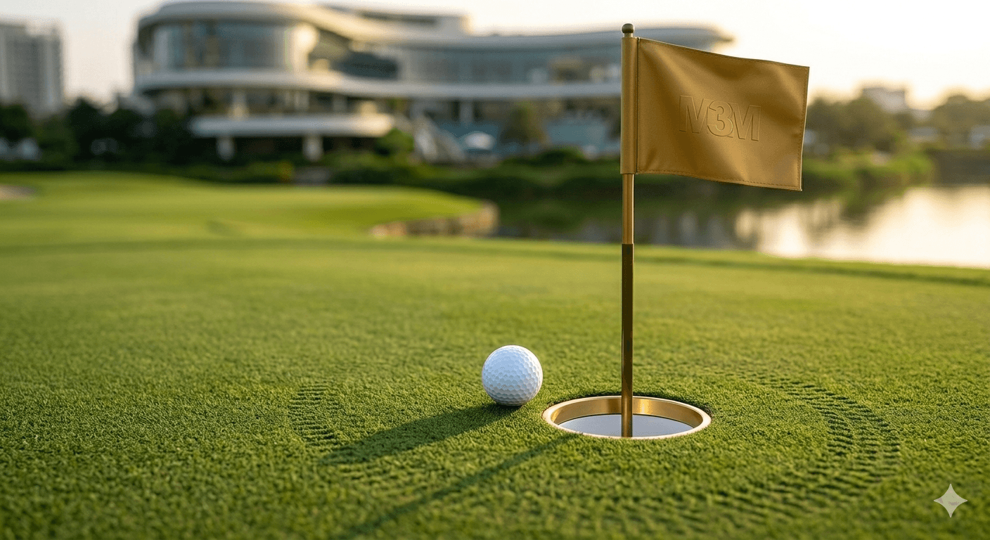 Minimalist golf course hole and flag at a premium residential development in Gurugram