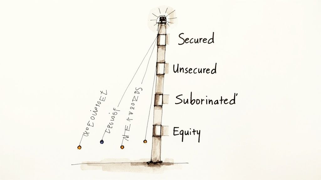A diagram illustrating a capital structure with secured, unsecured, subordinated, and equity layers.