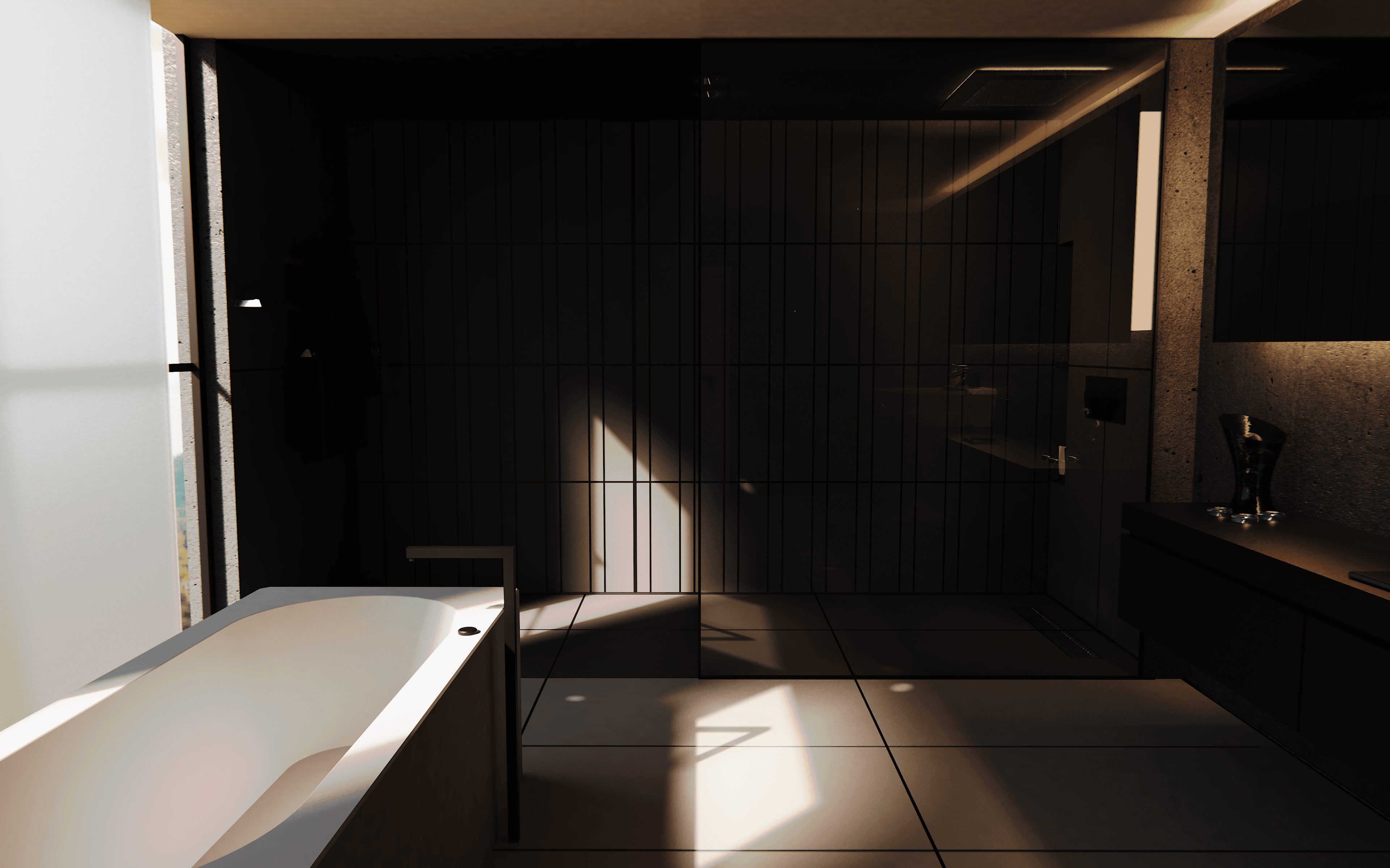 Bathroom render scene showing a slightly warm lit bathroom during the day, focusing on the towel holder from the Kane bathroom accessories collection, with a bathtub positioned in front of the shower.