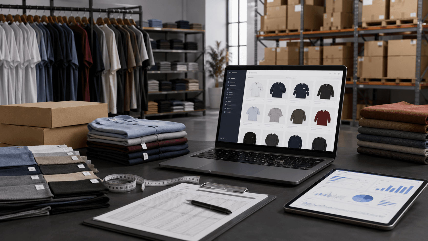Cena em estilo realista 3D de uma operação têxtil B2B moderna. Em primeiro plano, uma mesa com roupas dobradas organizadas por cores e tamanhos, fita métrica, caixas de envio, tablet com gráficos e notebook exibindo um portal digital de pedidos com catálogo de roupas. Ao fundo, araras com peças de vestuário e prateleiras industriais com estoque organizado em um ambiente de distribuidora de moda. Iluminação suave e ambiente profissional, sem pessoas e sem textos na imagem.