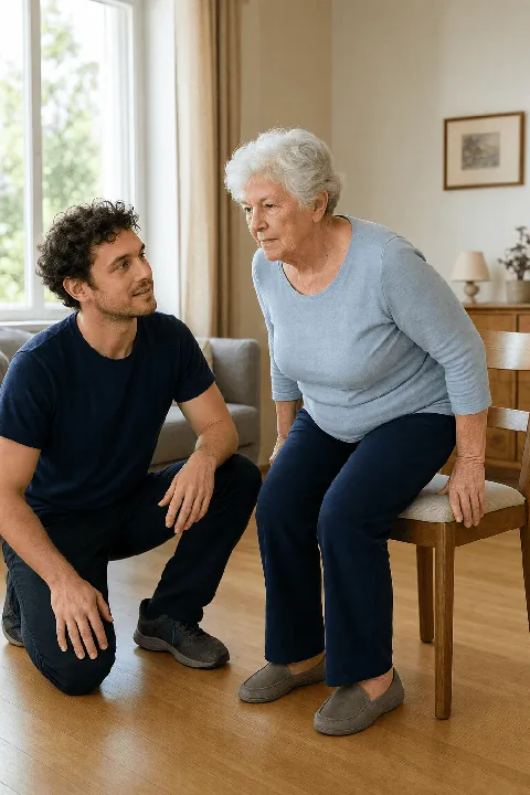 Une professionnelle accompagne une participante senior lors d’un exercice de renforcement