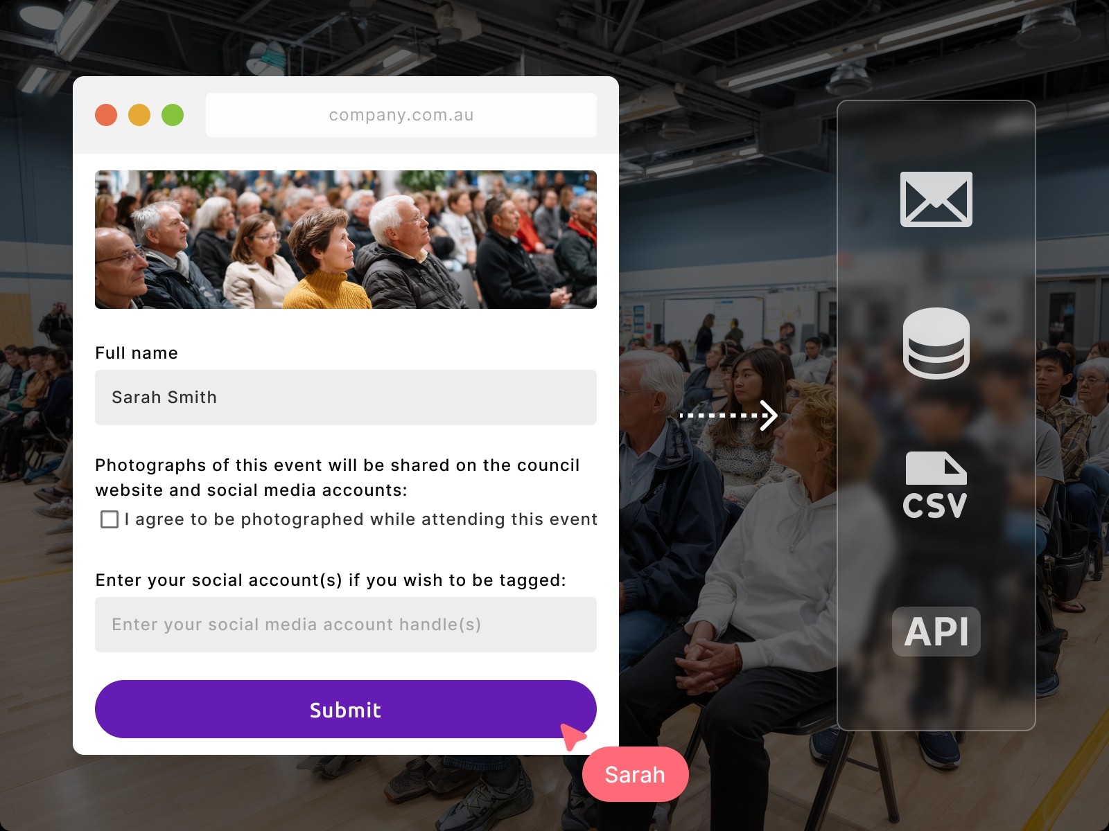 Customisable training form with fields and submit; data syncs to email, CSV, database or API for compliance.