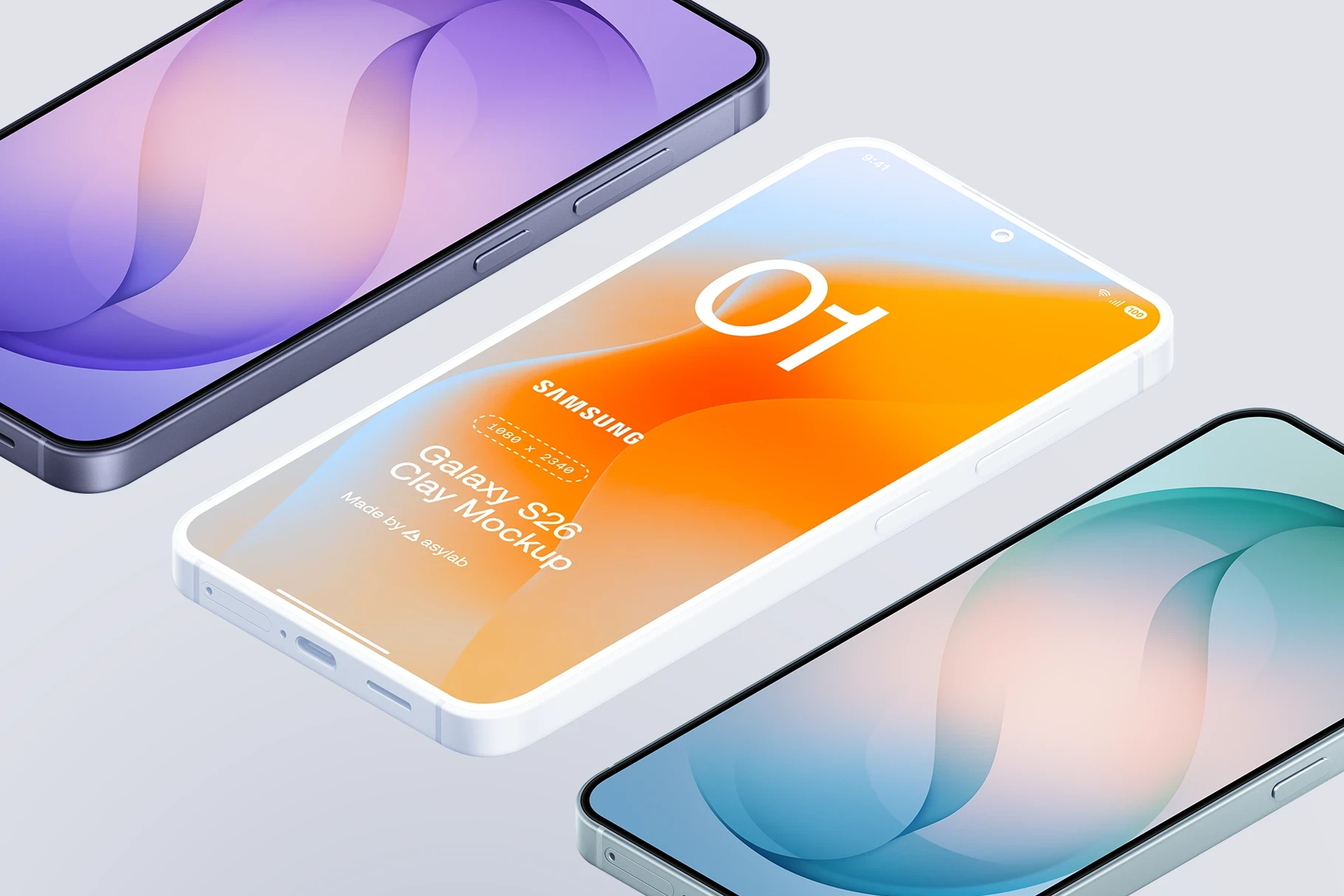 Three floating Samsung Galaxy S26 mockups in various colors displaying modern UI designs on a light background.