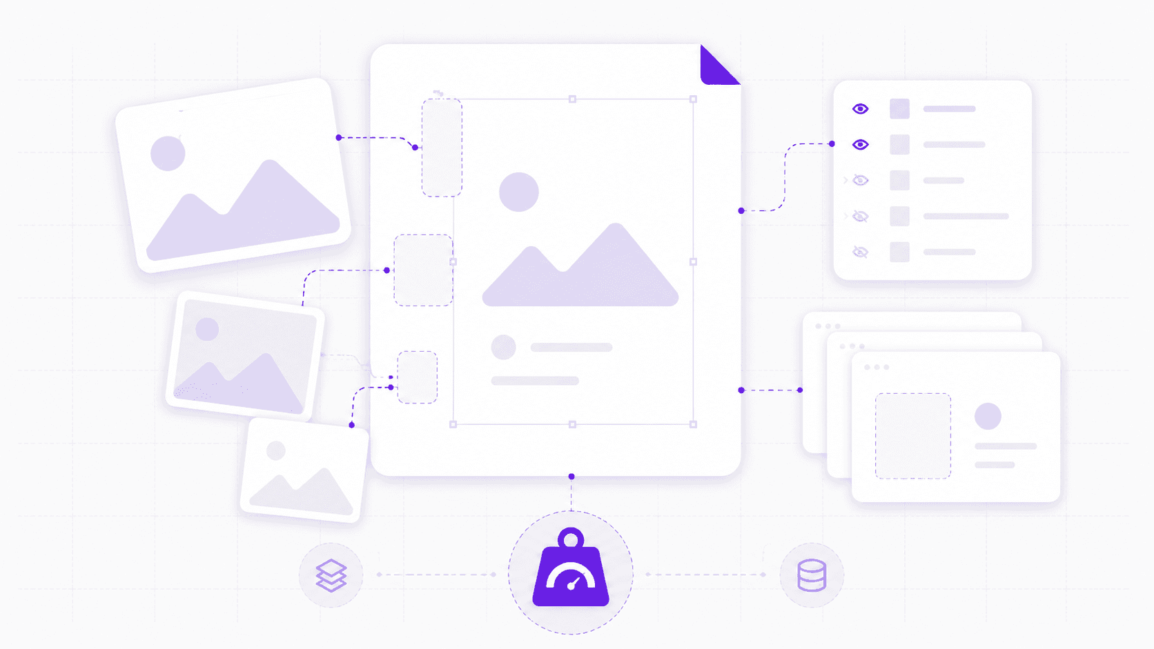 Illustration of a heavy Photoshop file with oversized images, hidden layers, storage indicators, and file weight warning