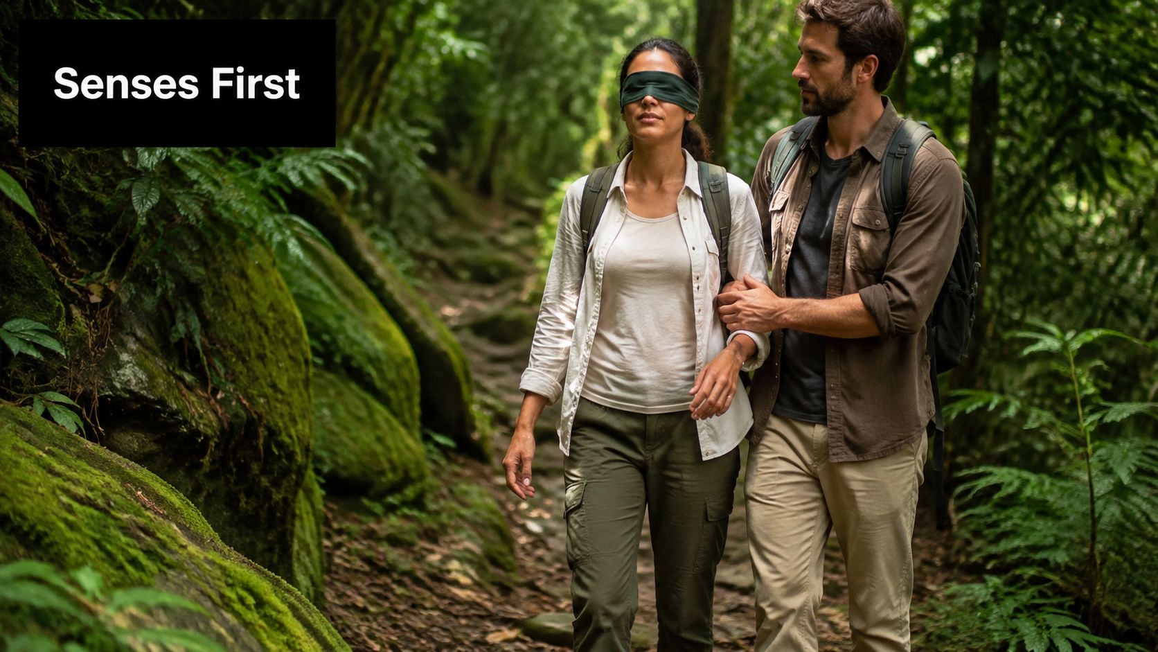 A man guides a woman who is wearing a blindfold on a hike through a lush forest.