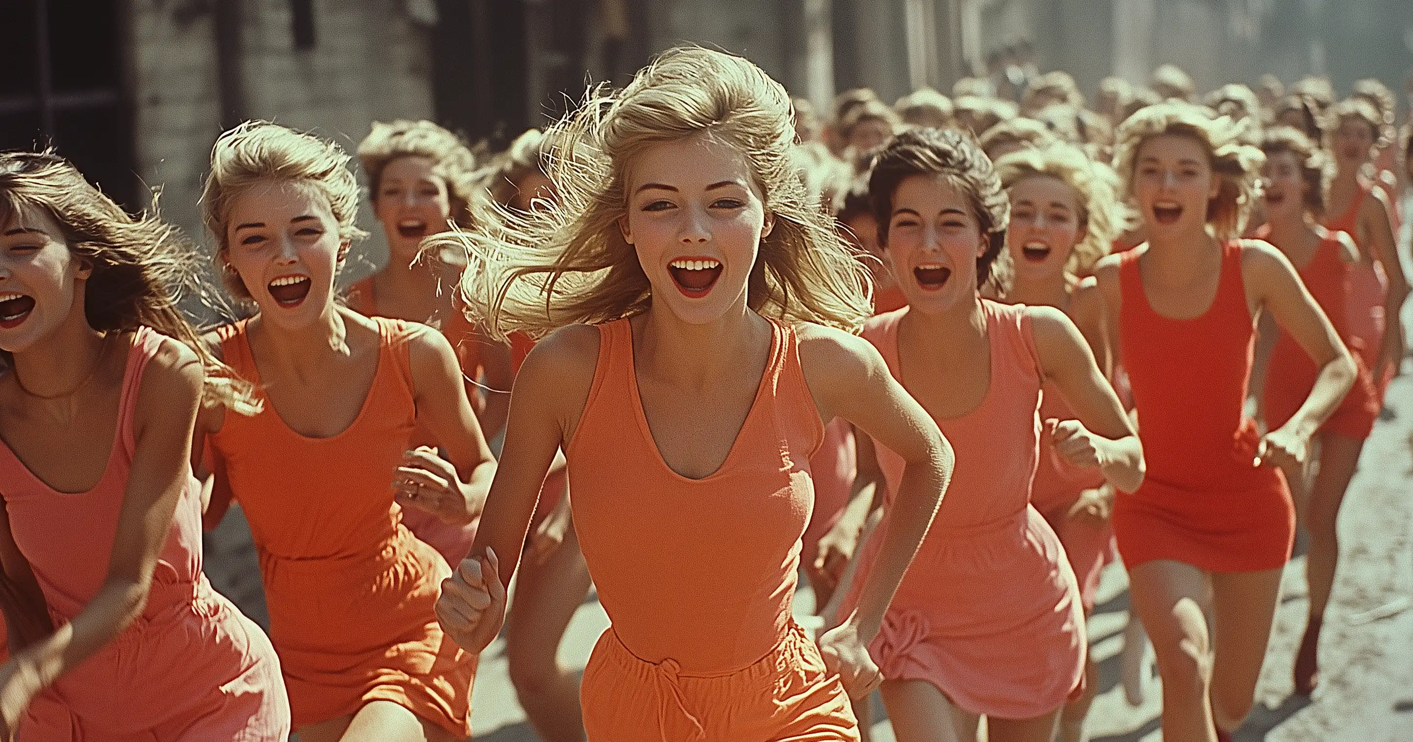 a pack of female fans chasing a music artist down the street