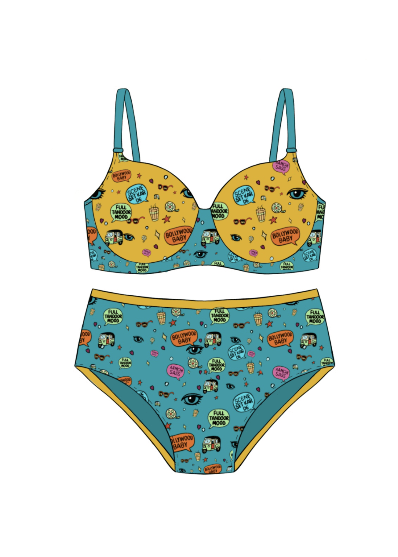 Two-piece lingerie illustration with graphic pattern.