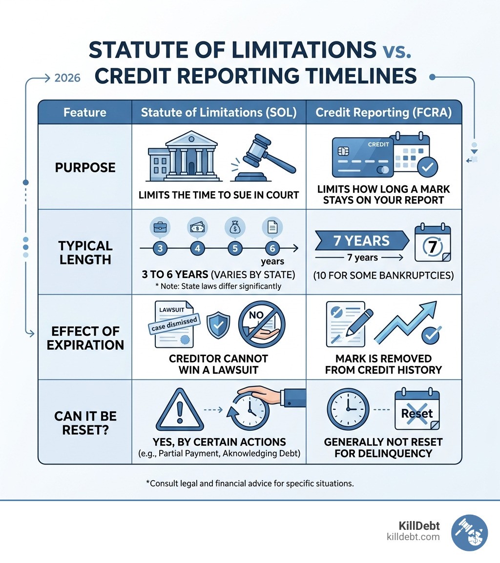 Statute of Limitations vs. Credit Reporting Timelines Table - expired debt statute defense infographic 