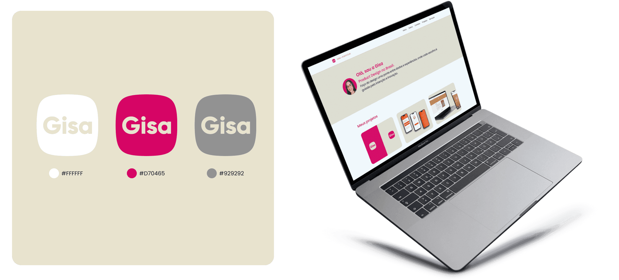 Duas imagens, uma com o desdobramento da logo criada e a segund aimagem um computador com o layout do site portfólio.