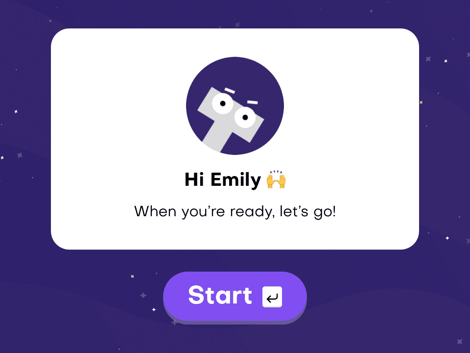 Talamo test screen: a welcome card with the Talamo character that says ‘Hi Emily, when you’re ready, let’s go!’ above a Start button.