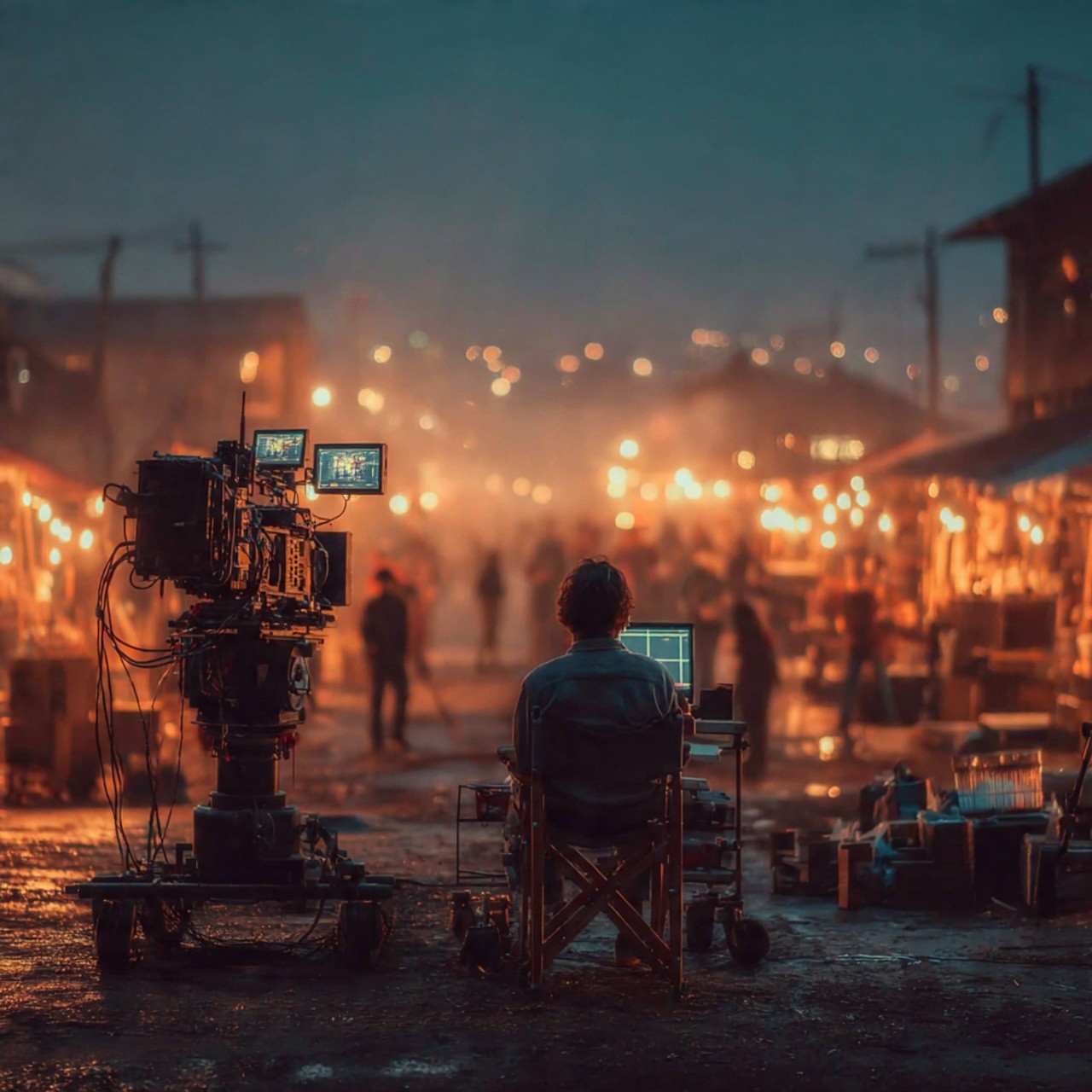 A film director sits in a chair facing a bustling, warmly lit night market scene. A camera setup is nearby, capturing the energetic atmosphere.
