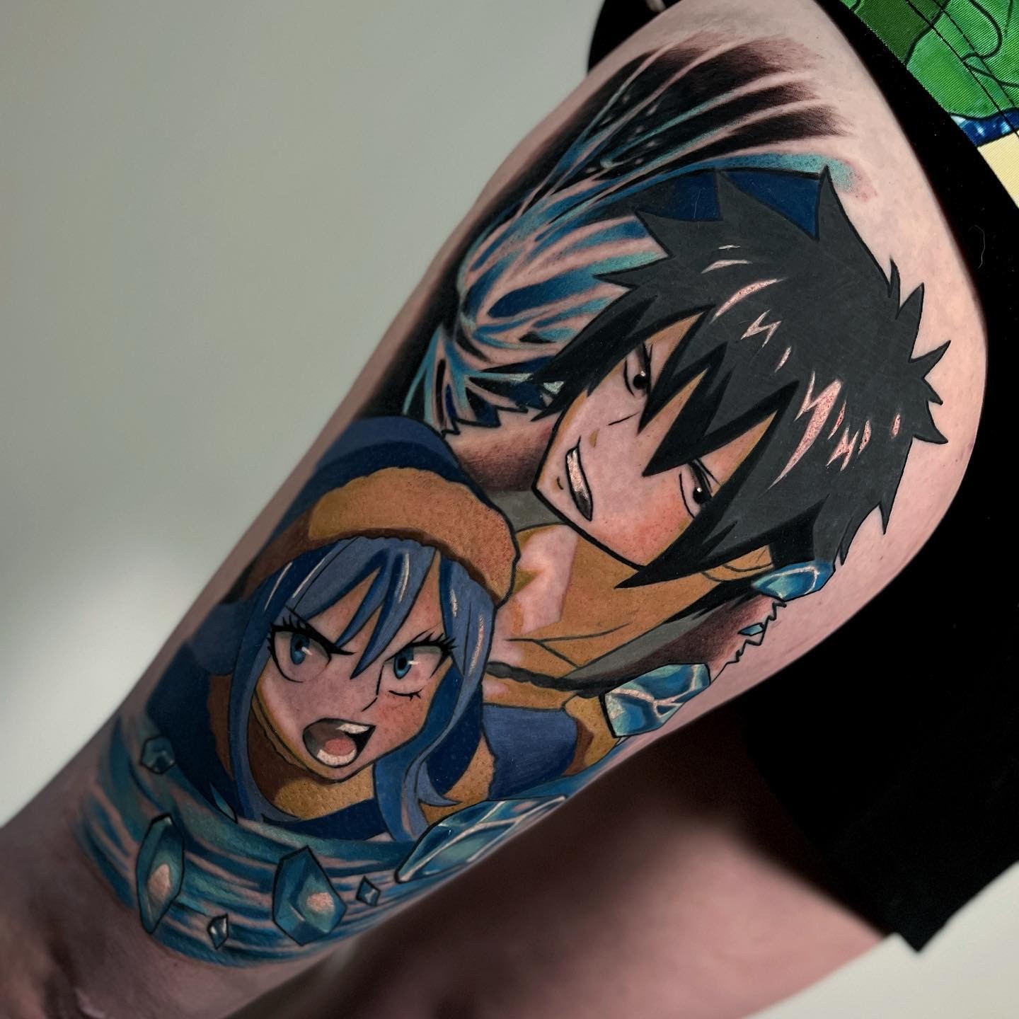 colorful anime tattoo fo gray and juvia from the anime fairy tale