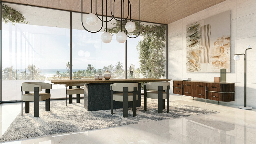 elegant dining room with big table and luxury chairs
