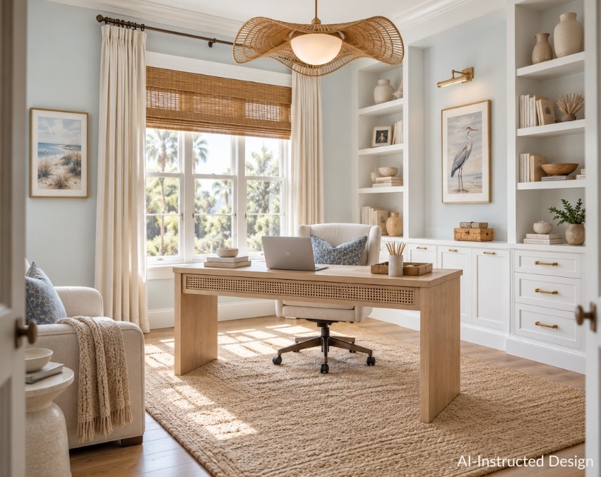 Light, airy blue office with coastal desk, lighting and art
