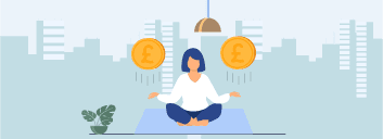 Illustration of person meditating with coins, representing financial wellbeing.