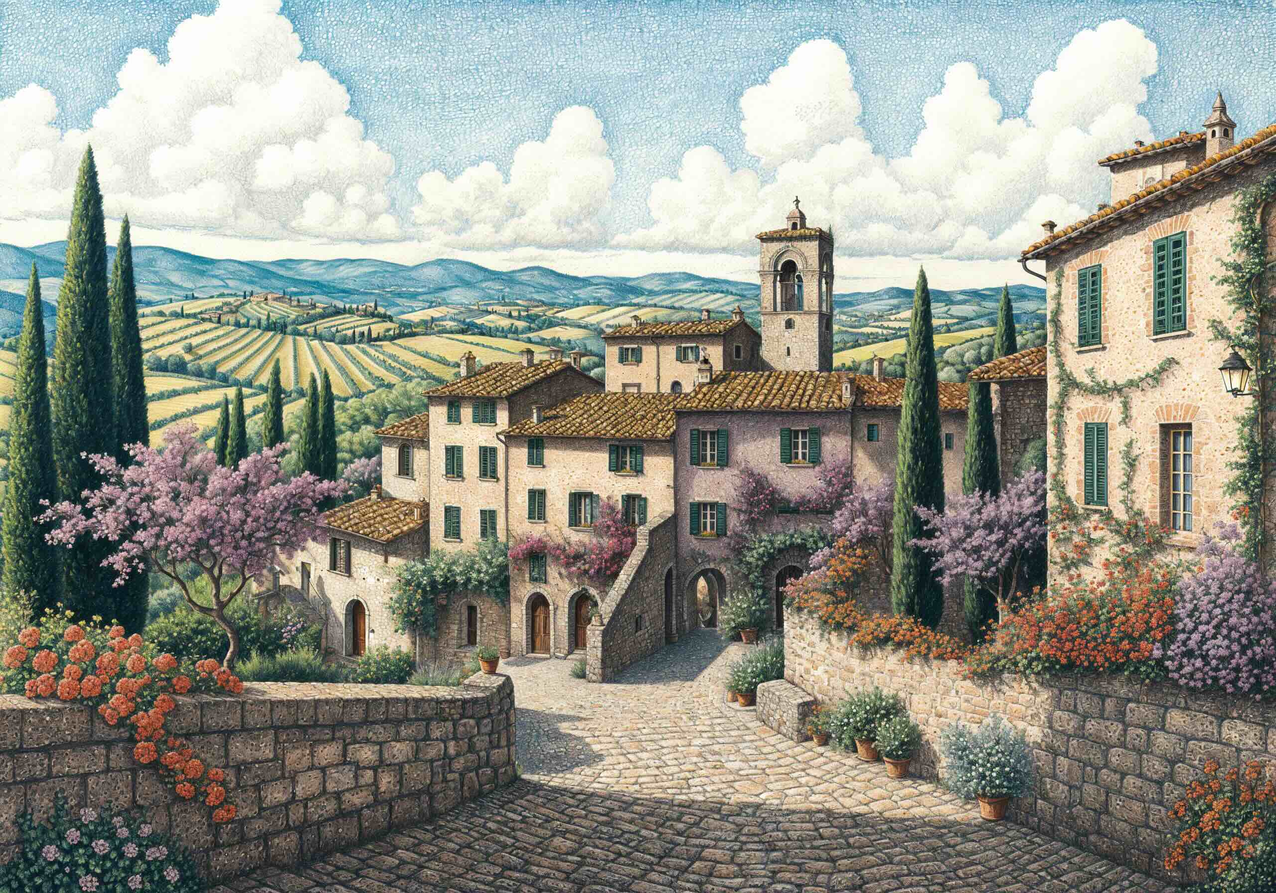 Detailed illustration of a picturesque village in Tuscany, Italy, featuring rustic stone buildings with terracotta roofs, lush rolling vineyards, cypress trees, and colorful flowers along a cobblestone path.