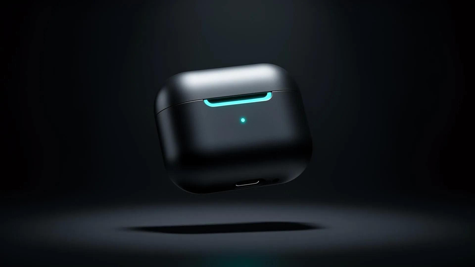 Minimal black wireless earbuds charging case floating on a dark background with glowing blue accent lighting
