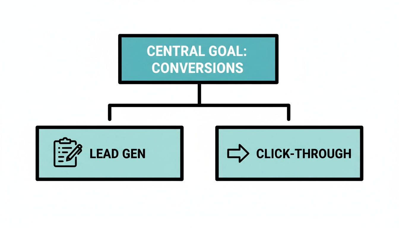 Flowchart illustrating conversions as the central goal, driven by lead generation and click-through strategies.