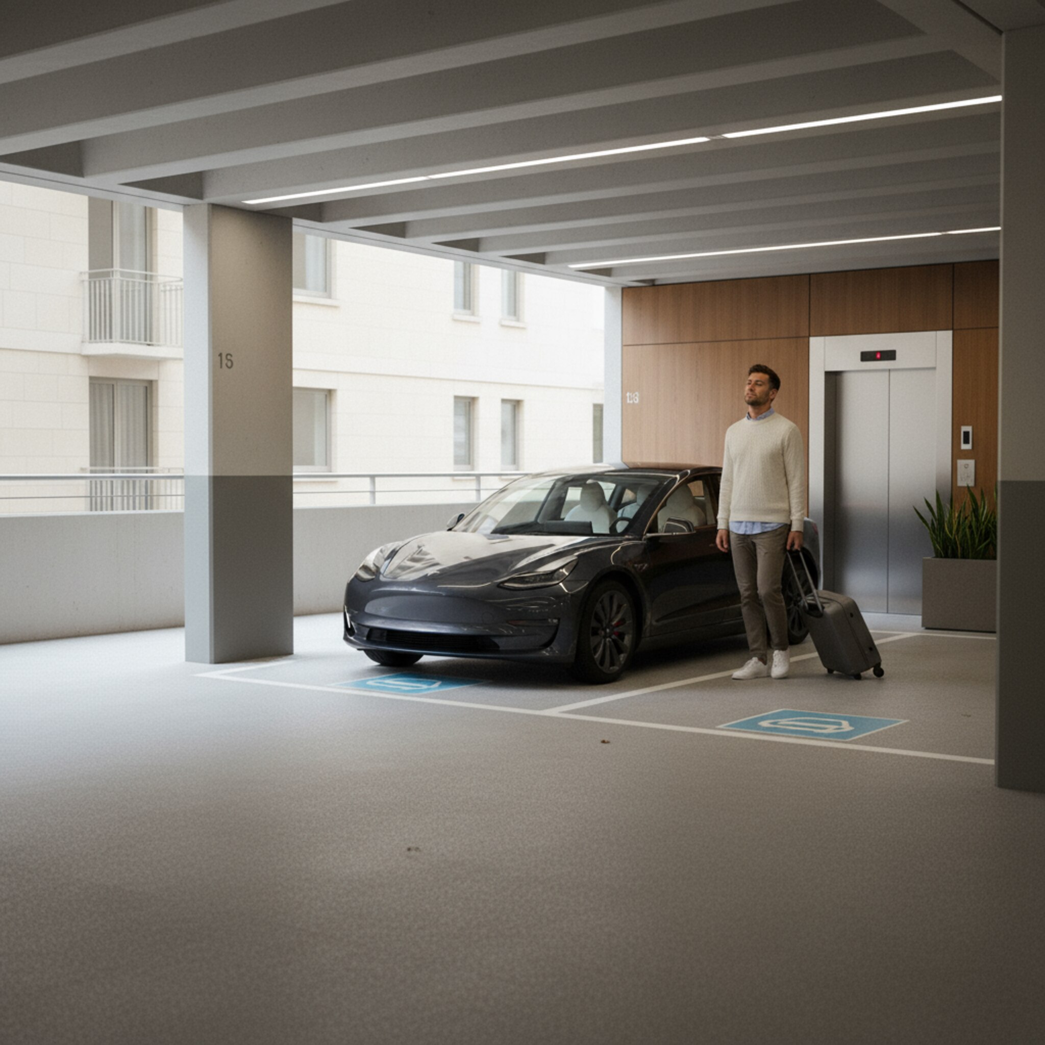 Ein kompaktes, modernes Parkdeck neben einem Boutique-Hotel. Ein Wagen parkt nah am Aufzug, dezente Beleuchtung betont die klare Struktur der Stellplätze. Ein Gast zieht den Koffer locker hinter sich her und atmet kurz durch. Alles wirkt nahtlos und gut organisiert.