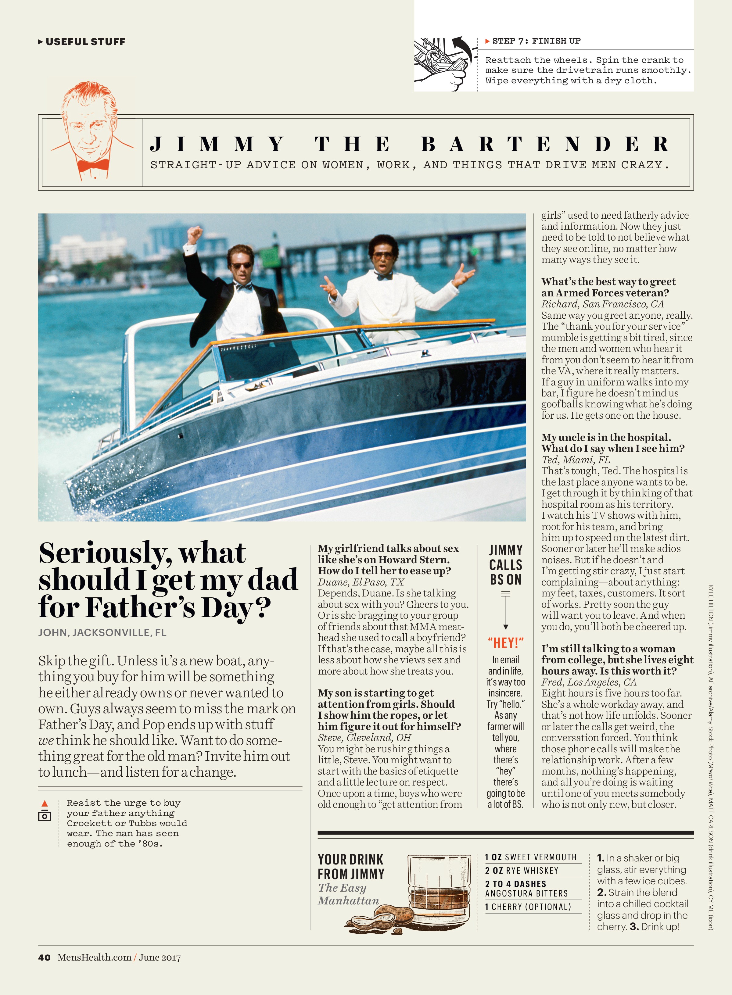 A magazine layout of a columnist page with a photo of two well-dressed men on a speedboat during the day