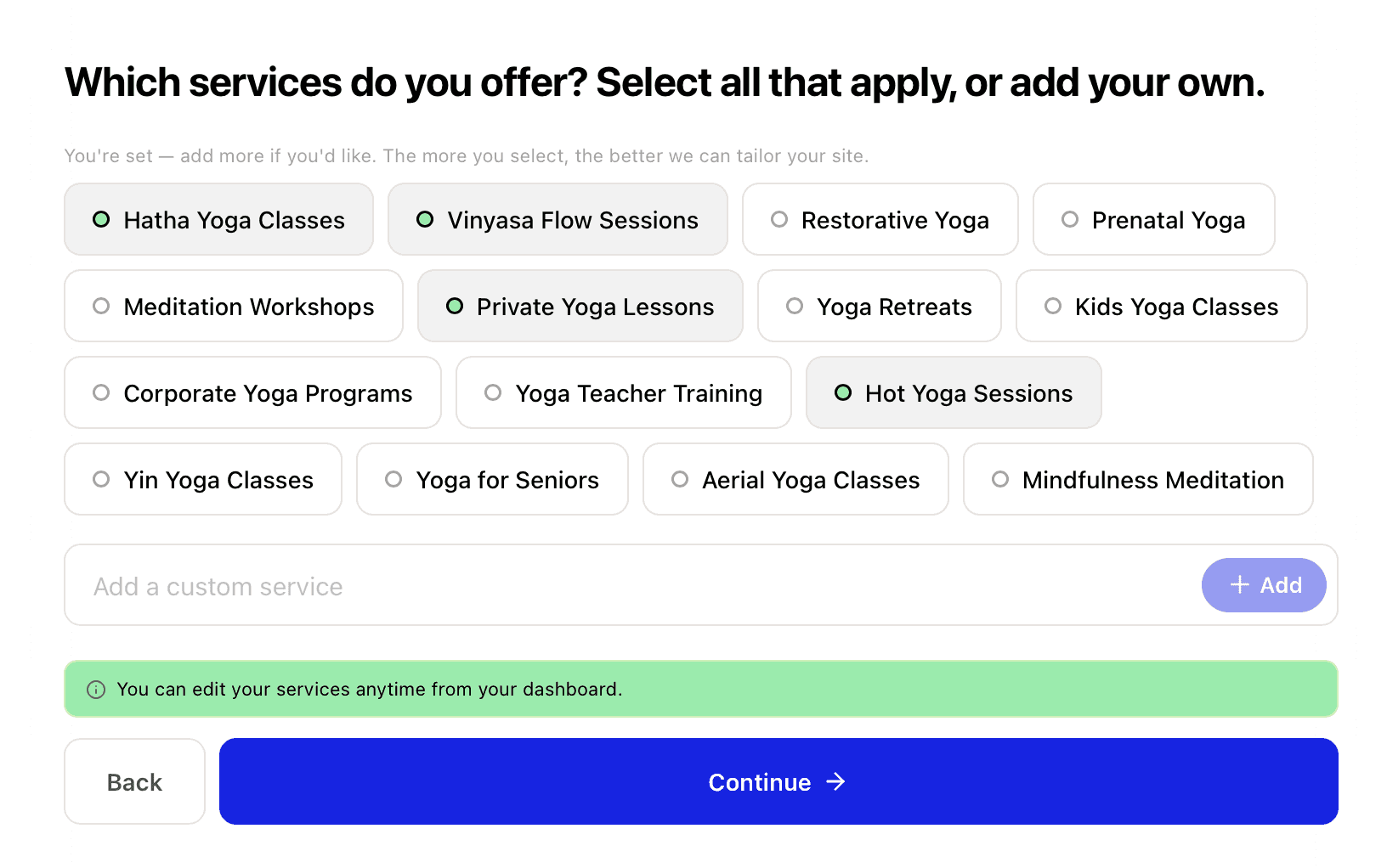 Screenshot of AI-generated services from Webfolio website builder onboarding questionnaire