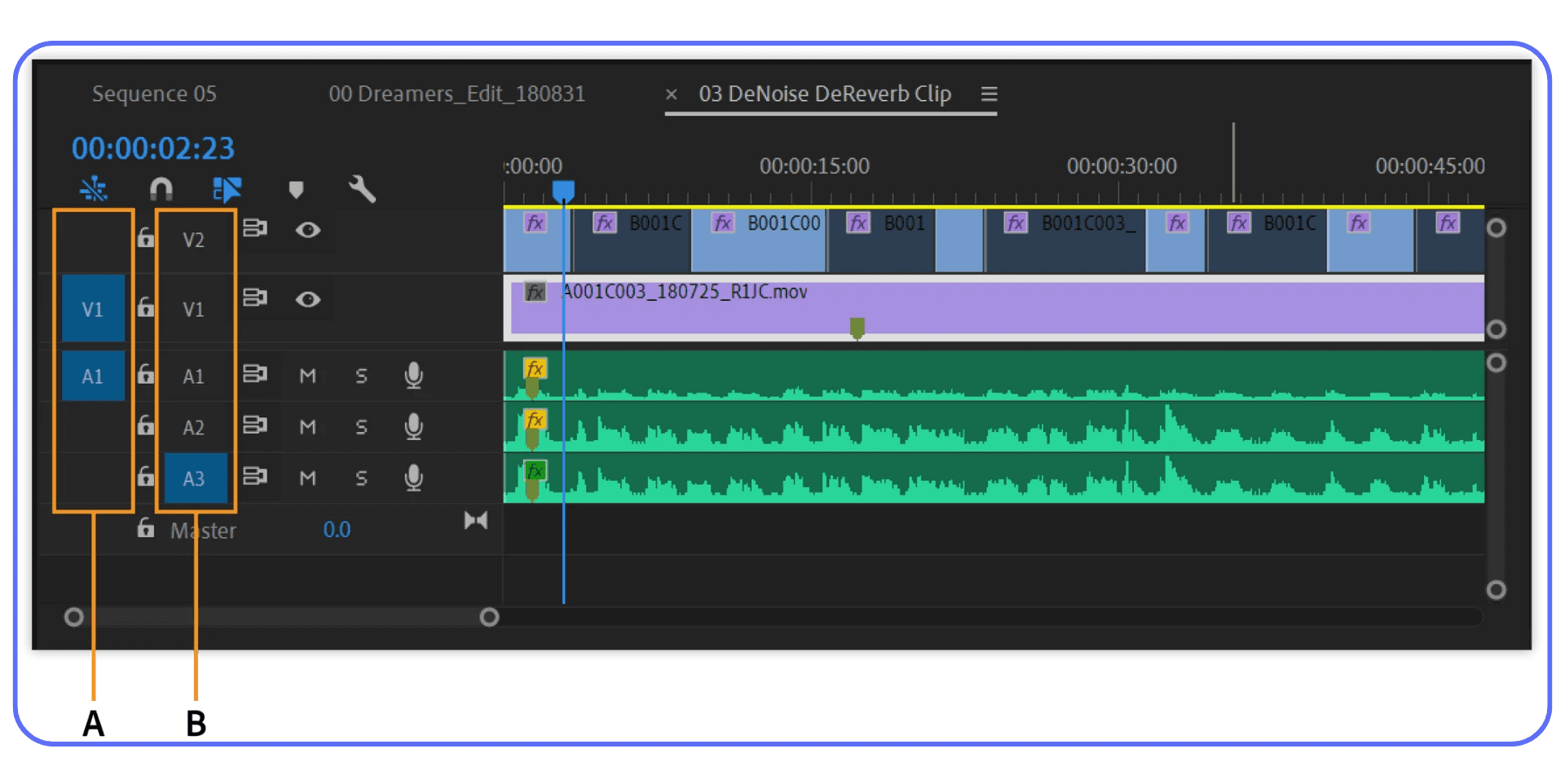 Premiere Pro timeline showing multiple dialogue clips with noise reduction and reverb effects applied on audio tracks