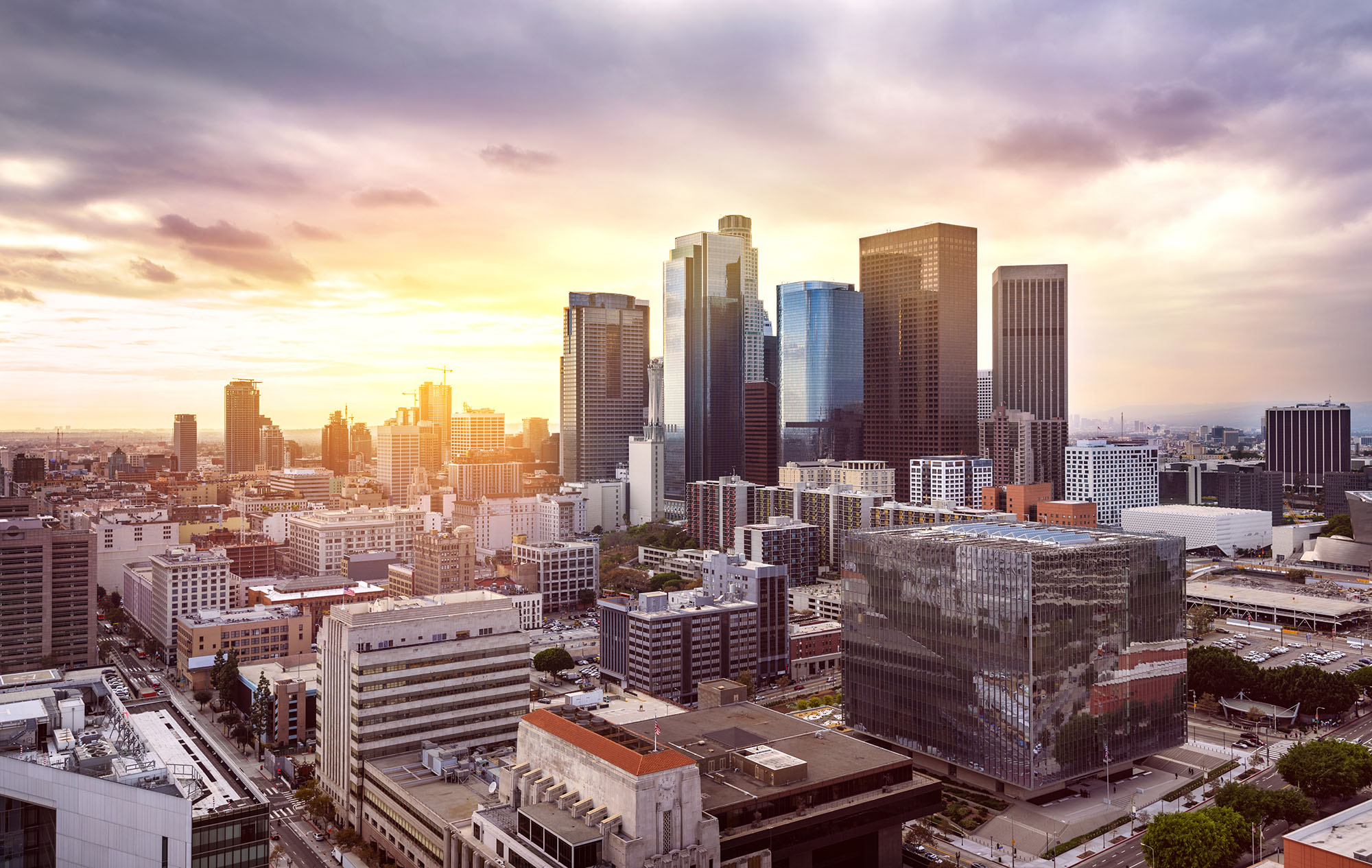 Downtown Los Angeles skyline at sunset