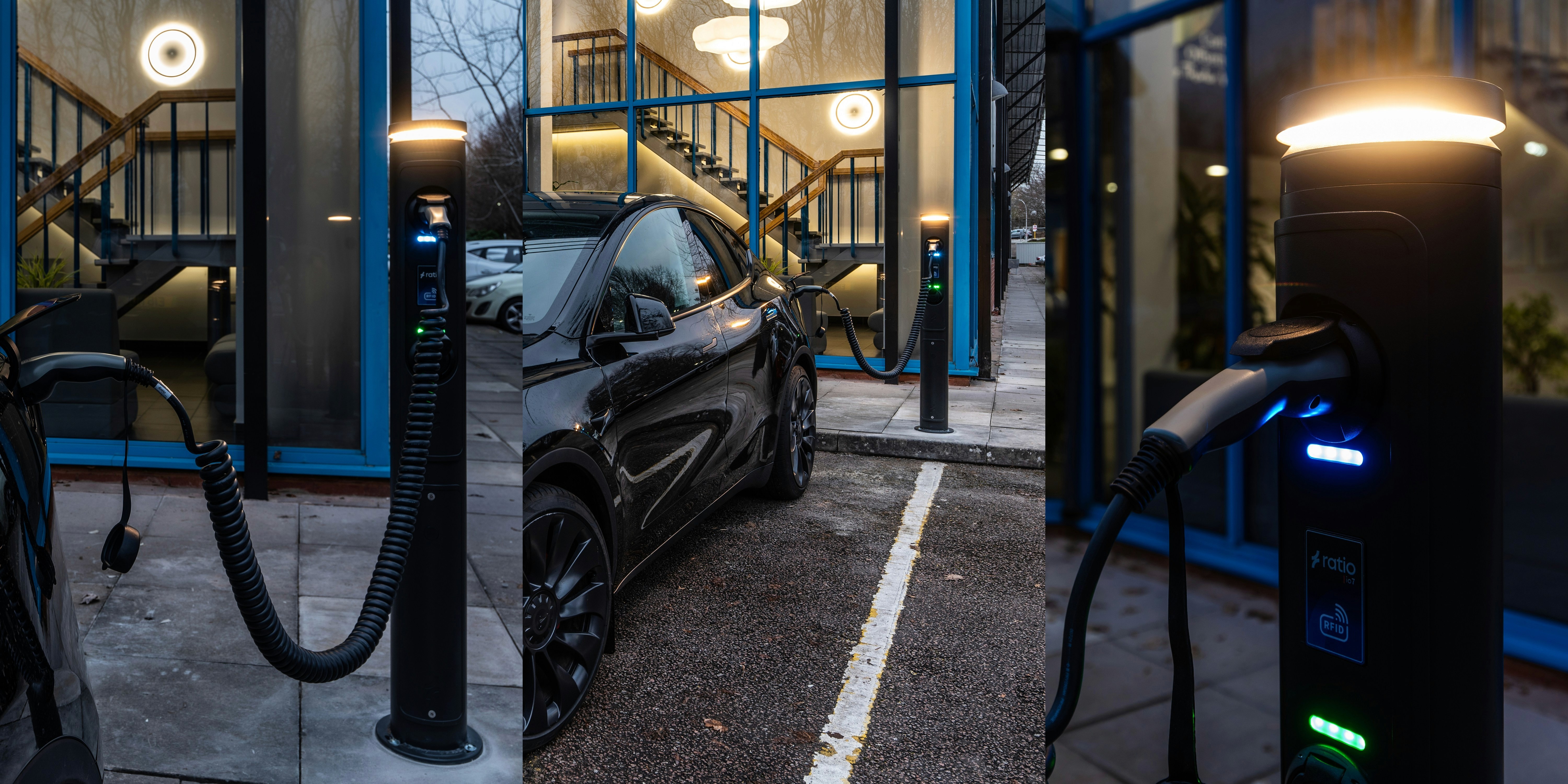 A fast black sports car races down the highway.