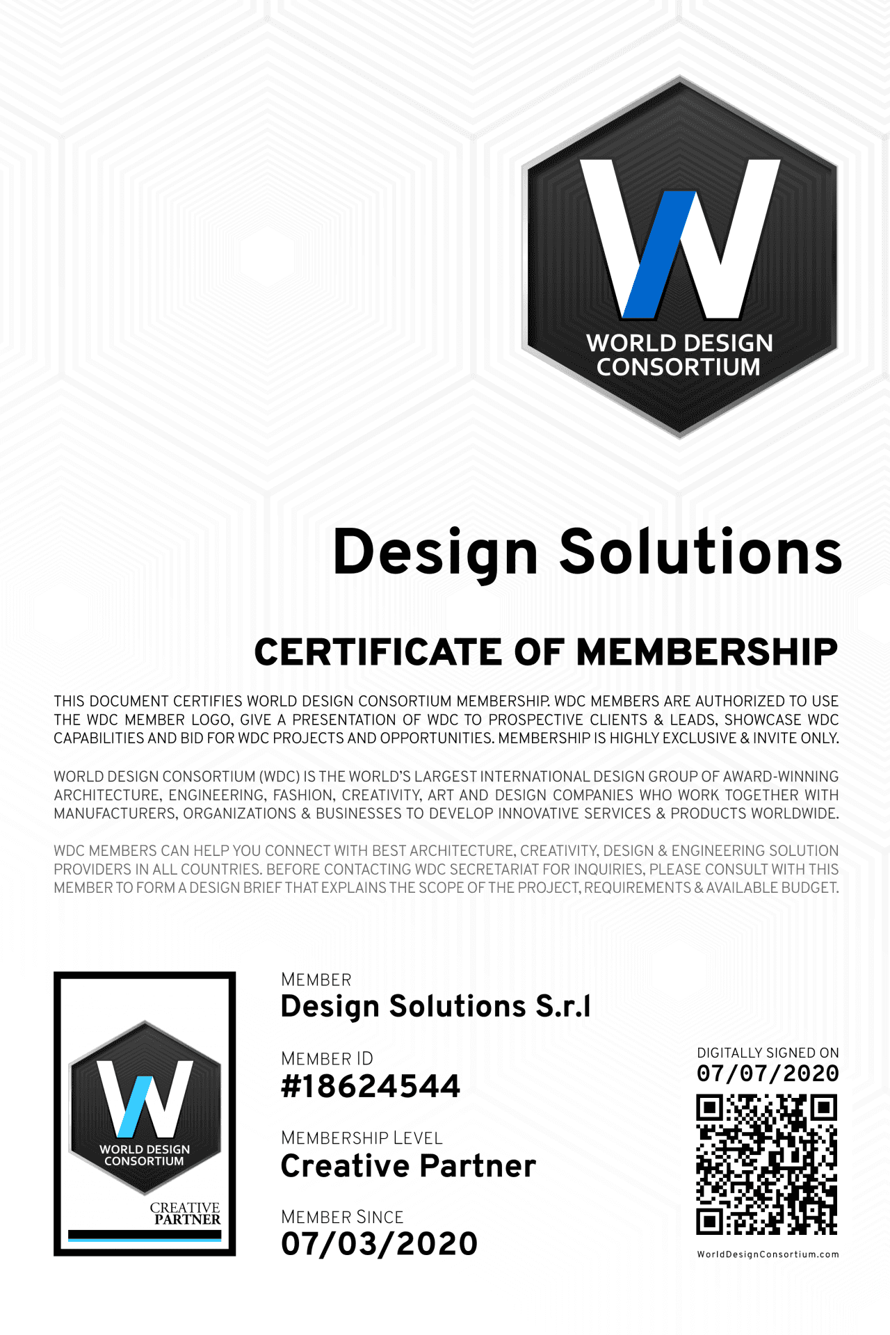 World Design Consortium (WDC) certificate of membership, Creative Partner since 2020