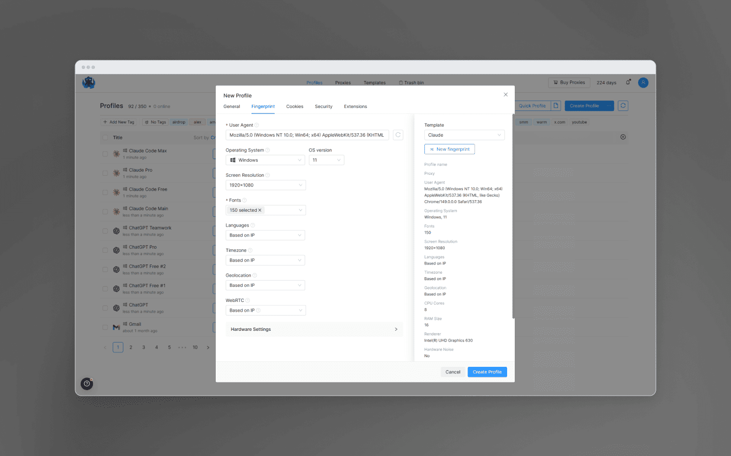 You can configure the browser's digital fingerprint precisely when creating a profile in Octo Browser.