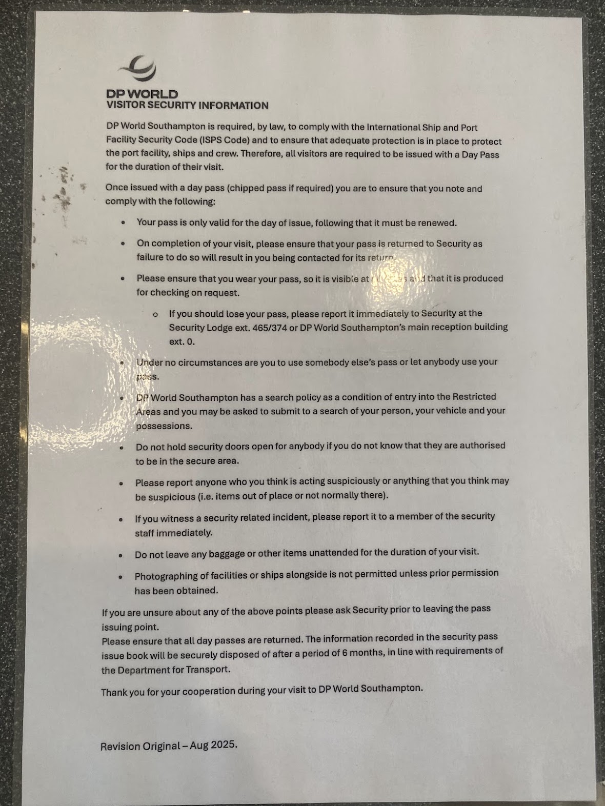 DP World Southamton visitor security information