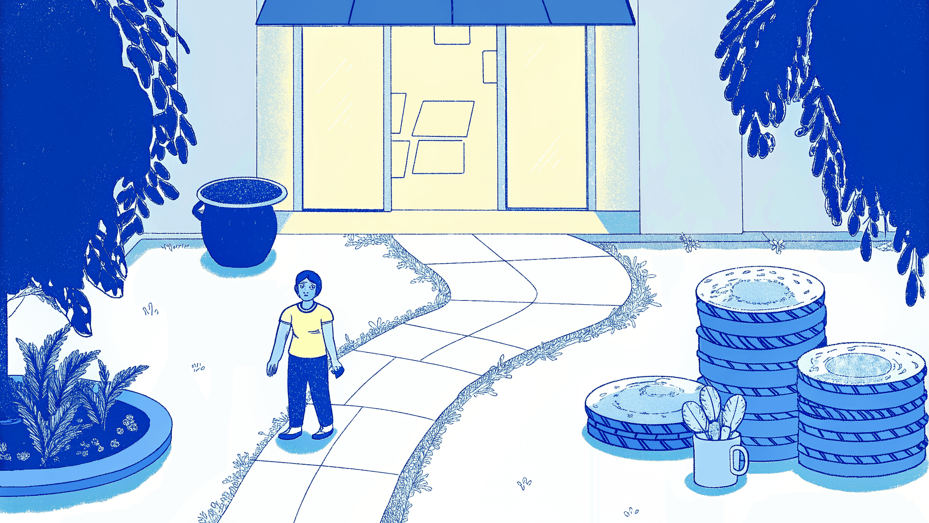 Small business owner on a winding path with hidden fee traps swallowing coins before checkout