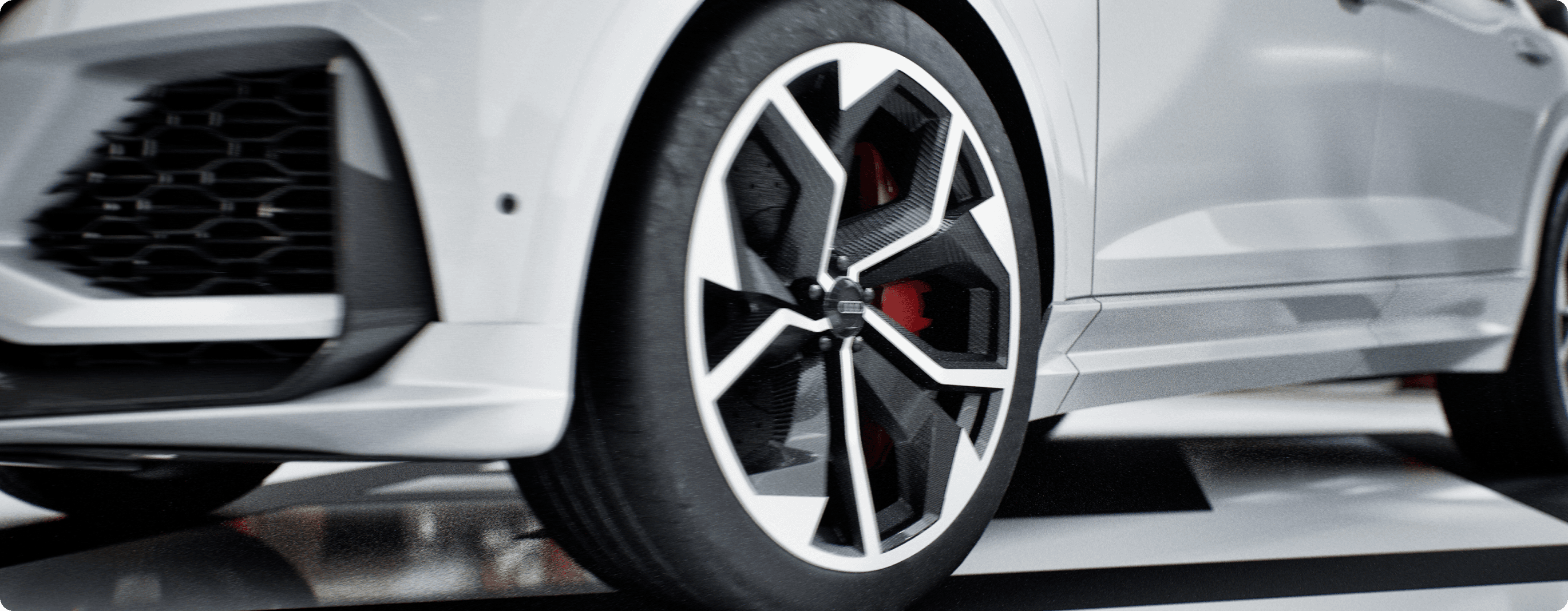 An unreal engine 5 cinematic render of Audi RSQ8 in a garage environment.